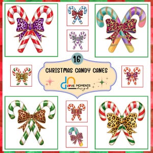 May include: A digital download of 16 Christmas candy cane graphics with various colors and patterns. The candy canes are tied together with a bow. The text "16 Christmas Candy Canes" and "Love Moments Design" is included in the image.
