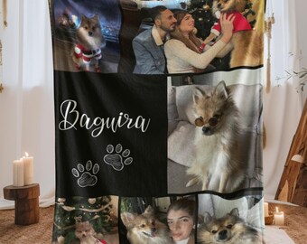 Dog Cat Picture Bedding Blanket With Text, Customized Name Photo Blanket Collage, Memorial Pet Face Loss Keepsake Gift, Dog Mom Gift