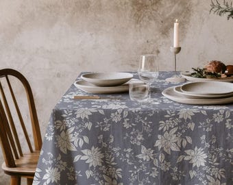 Grey Floral Tablecloth, Blue Grey Botanical Tablecloth, Neutral Cottagecore Dining Table Linen, Vintage Rustic Table Decor, Custom Size