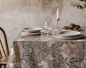 Mantel botánico beige – Mantel de comedor con estampado floral vintage – Mantel rústico de inspiración natural
