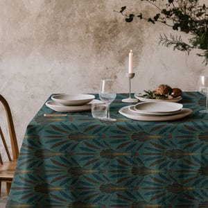 Blaugrüne Art Deco Tischdecke, botanische Blattdruck-Tischdecke, moderne Esstischwäsche, elegante Küchendekoration