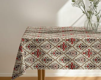 Beige Red Floral Tablecloth, Vintage Inspired Pattern Table Cover, Ornamental Dining Tablecloth, Botanical Tablecloth, Classic Tablecloth