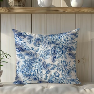Blue Rose Pattern Pillow Cover - White Cushion for Living Room, Bedroom, Sofa, or Modern Home Decor | Decorative Accent Pillow