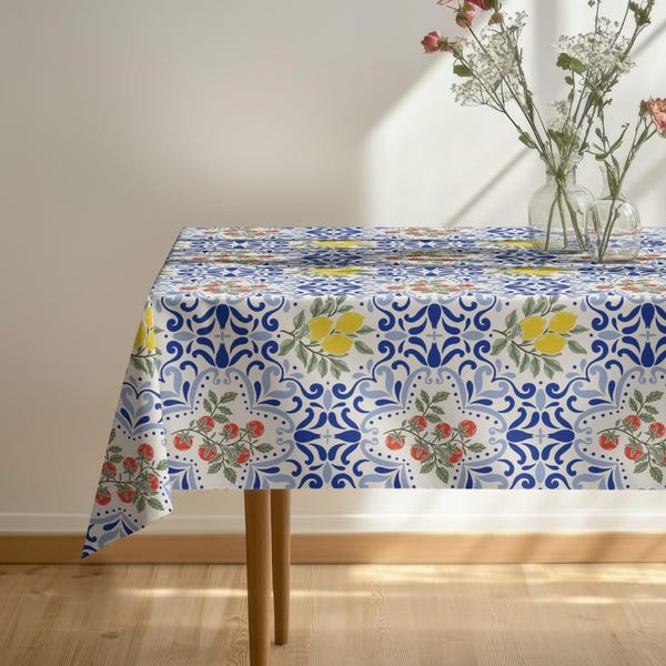 Mediterranean Italian Tile Tablecloth, Lemon and Tomato Print Table Cover, Blue White Citrus Dining Decor, Amalfi Coast Style Tablecloth