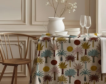 Mantel colorido con palmeras – Cubremesas con estampado tropical, decoración bohemia de verano para el comedor, mantel costero vibrante
