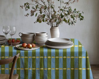 Blue Green Striped Tablecloth Yellow Accents, Modern Colorful Dining Table Cover, Rectangle Square Round Table Linen, Boho Home Decor