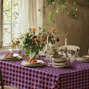 Purple Gingham Tablecloth, Checkered Pattern Table Cover, Picnic Style Tablecloth, Farmhouse Kitchen Decor, Dining Table Cover