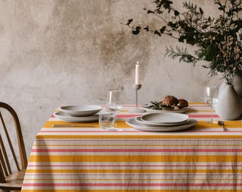 Yellow Orange Striped Tablecloth, Modern Linen Dining Table Cover, Rustic Farmhouse Table Linen, Summer Home Decor, Cozy Kitchen Decoration