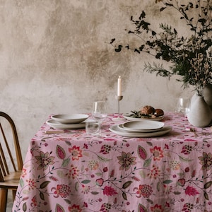 Pink Floral Tablecloth – Botanical Table Linen, Cottagecore Dining, Romantic Farmhouse Home Decor