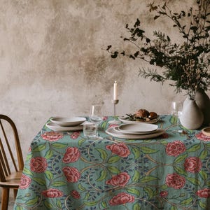 Green Pink Floral Tablecloth – Vintage Floral Table Linen, Cottagecore Dining Decor