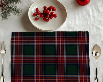 Red Green Plaid Placemat, Christmas Tartan Table Mat, Holiday Dining Decor, Custom Size Table Linen