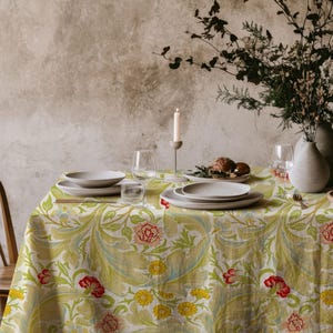 Yellow Floral Tablecloth – Elegant Botanical Dining Table Cover with Red and Yellow Flowers, Cottagecore and Rustic Home Decor