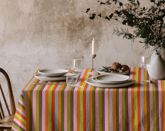 Bunt gestreifte Tischdecke - Moderne Regenbogen Tischwäsche, Frühling Sommer Dekoration, Party & besondere Anlass Tischdecke