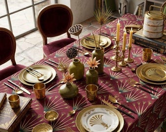 Burgunderfarbene Art-Deco-Tischdecke, Vintage-Fächermuster-Tischdecke, Geometrisches Esszimmerdekor