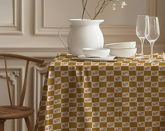 Beige Checkered Floral Tablecloth, Soft Brown Grid Pattern Table Cover, Cottagecore Table Decor, Farmhouse Dining Tablecloth