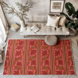 Rot-Pinker Teppich mit floralen Streifen - Botanisches Muster, moderner Teppich im Boho- und Vintage-Stil für Wohnzimmer- oder Schlafzimmer-Dekor