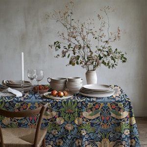 William Morris Tablecloth - Strawberry Thief Blue, Vintage Floral Design, Elegant Morris Fabric Table Linen, Classic Dining Decor