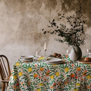 Lemon Print Tablecloth – Citrus Floral Rectangle Table Cover, Farmhouse Kitchen Dining Decor, Summer Botanical Table Linen