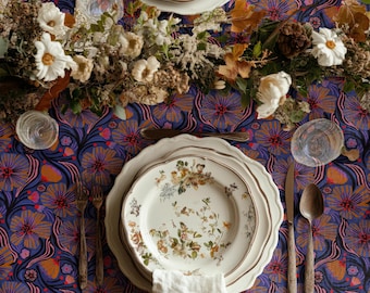 Purple Orange Floral Tablecloth – Vintage Botanical Pattern Table Cover – Bold Decorative Dining Decor