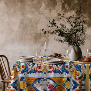 Italian-Inspired Majolica Tablecloth - Floral & Tile Pattern Kitchen Decor, Elegant Dining Room Accent, Mediterranean Home Style, Gifts