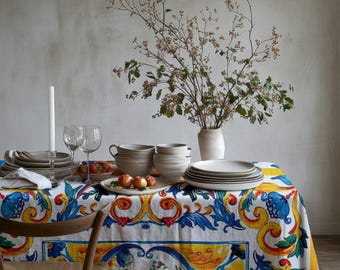 Italian Style Floral and Tile Pattern Tablecloth – Elegant Mediterranean Home Decor, Stylish Table Cover for Kitchen and Dining Room, Gift
