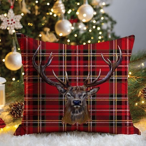 Red Tartan Plaid Reindeer Christmas Cushion Cover, Festive Holiday Decor for Living Room Cozy Winter Pillow, Cozy Xmas Accent,Christmas Gift