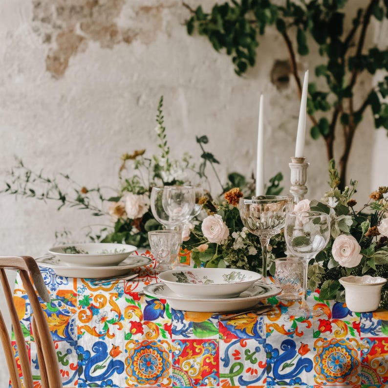 Outdoor-friendly Sicilian tile tablecloth, perfect for garden parties and al fresco dining.