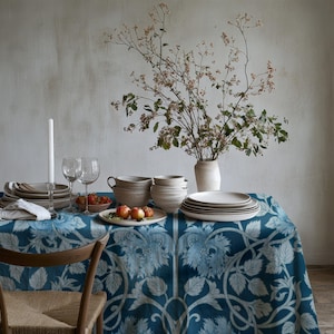 William Morris Tablecloth - Blue Leafy Flowers, Vintage Floral Pattern, Morris Fabric Table Linen, Classic Home Decor, Elegant Table Cover