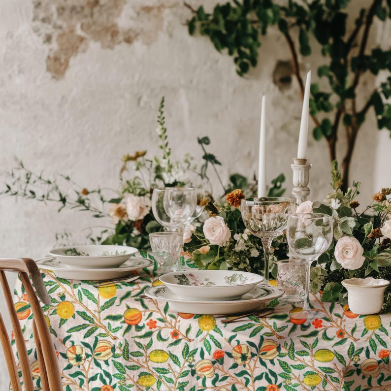 Mediterranean-inspired lemon and floral tablecloth, designed for farmhouse, country, and coastal kitchens.