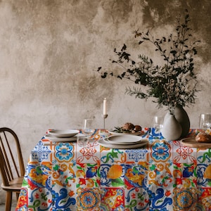 Sicilian-style tablecloth with a bold and colorful tile print, ideal for summer and holiday decor.