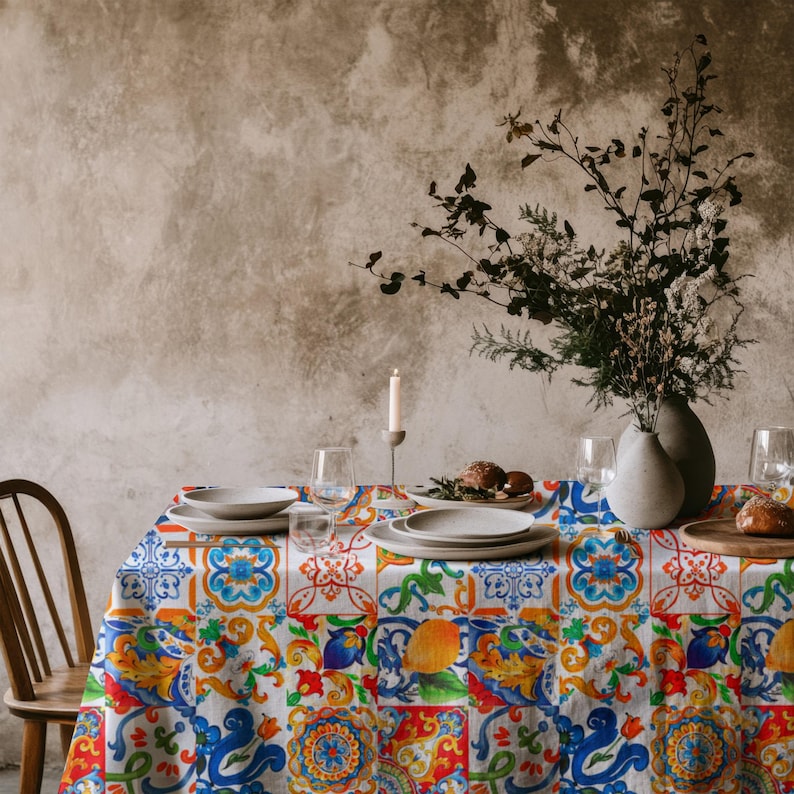 Sicilian-style tablecloth with a bold and colorful tile print, ideal for summer and holiday decor.