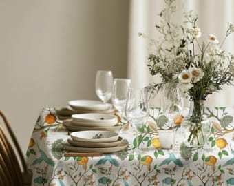 Hummingbird & Lemon Tree White Tablecloth, Nature-Inspired Design, Custom Size, Elegant Dining Decor, Stylish Table Cover, Vintage Look
