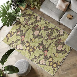 Olive Green Vintage Floral Area Rug – Arts and Crafts Style Botanical Carpet – Antique Inspired Living Room Rug – OVERLOCKED EDGES, B-13