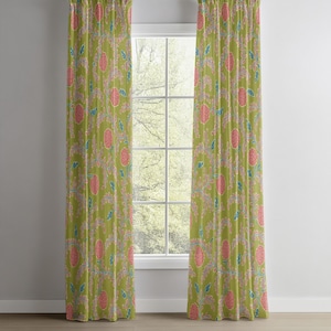 Green Floral Curtain Panels – Pink and Blue Botanical Pattern, Rustic Farmhouse Window Treatment for Bright and Cozy Vintage Home Decor