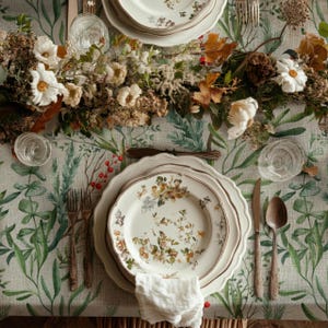 May include: A table setting with a floral patterned tablecloth, white plates with floral designs, and clear glass water goblets. A bouquet of dried flowers and greenery is in the center of the table.