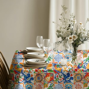 Luxury table cover with classic Mediterranean tile designs, great for everyday and festive use.