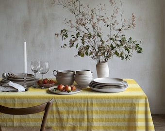 Yellow Striped Tablecloth – Bright Modern Dining Table Cover, Cheerful Summer Table Linen, Cozy Farmhouse and Cottagecore Kitchen Decor