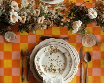 Orange Yellow Checkered Tablecloth – Vibrant Gingham Dining Linen for Kitchen, Farmhouse, and Cozy Home Decor