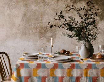 Geometric Tablecloth, Mid Century Modern Dining Table Linen, Everyday Table Cover