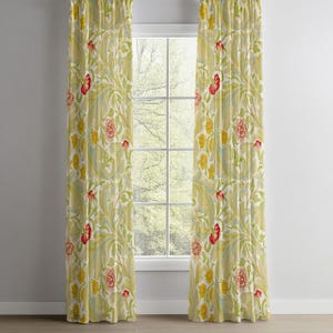 Yellow Green Floral Window Curtains – Vintage Botanical Drape Panels – Cottage Style Living Room Decor – Light Blocking