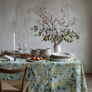 May include: A light blue tablecloth with a floral pattern featuring yellow flowers and green leaves. A set of white ceramic bowls and plates are arranged on the table, along with two wine glasses and a white candle.