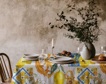 Tile & Lemon Design Summer Tablecloth, Blue Yellow Italian Sicilian Tablecloth, Mediterranean Style Citrus Home Decor, Dining Room Decor