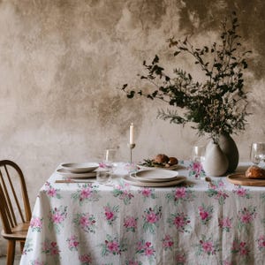 White Floral Tablecloth with Pink Flowers – Rectangle Spring Table Cover, Farmhouse Kitchen Dining Decor, Outdoor Botanical Table Linen