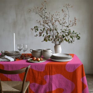 Pink & Orange Tablecloth – Bold Modern Dining Table Cover, Artistic Table Linen for Contemporary, Boho, and Eclectic Home Decor