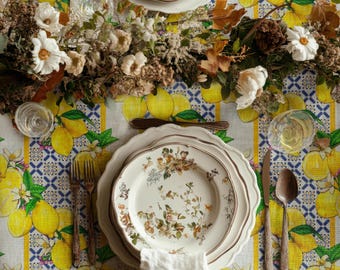 Mediterranean Lemon Tablecloth – Vintage French Country Dining Decor, Summer Farmhouse Table Cover, Cozy Rustic Kitchen Aesthetic T-1