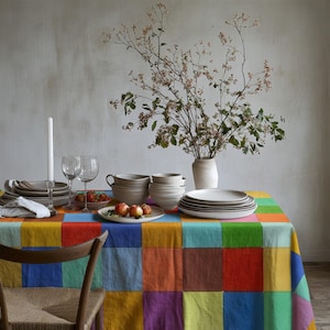 May include: A vibrant, multi-coloured patchwork tablecloth featuring a grid of solid squares in red, blue, yellow, green, orange, and purple. On top sits a collection of ceramic bowls, plates, wine glasses, a white candle, and a vase with branches.