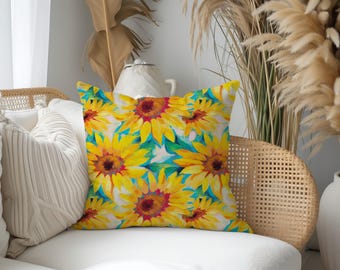 Sunflower Art Pillow Cover, Floral Farmhouse Pillow Case, Sunflower Cushion Cover, Watercolor Art Decor, Any Size Pillow, Summer Decor