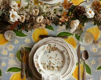 Mediterranean Lemon Tablecloth - Blue Yellow Summer Decor, Sicilian Style Dining Cover, Italian Citrus Table Linen, Polyester Fabric