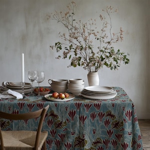 Tovaglia Art Nouveau floreale verde acqua, copritavolo con motivo botanico vintage, arredamento da pranzo in stile rustico Cottagecore