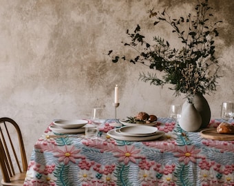 Starflower Embroidered Effect Tablecloth – Colorful Botanical Polyester Table Cover for Spring Dining & Cottagecore Home Decor T-1